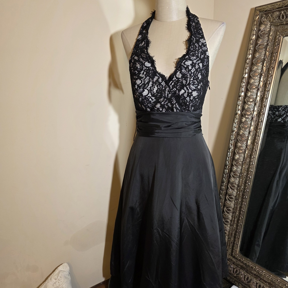 White House Black Market - Black Lace Satiny Halter Midi Dress.  EUC!  Sz 4